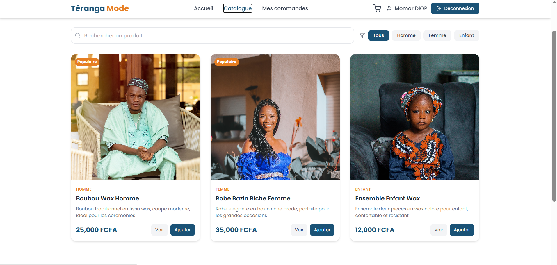 Catalogue avec filtres Homme/Femme/Enfant
